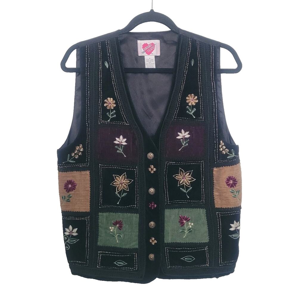 VTG 90s Womens Whimsigoth Patchwork Corduroy Floral Button Top Vest Sz M Cottage